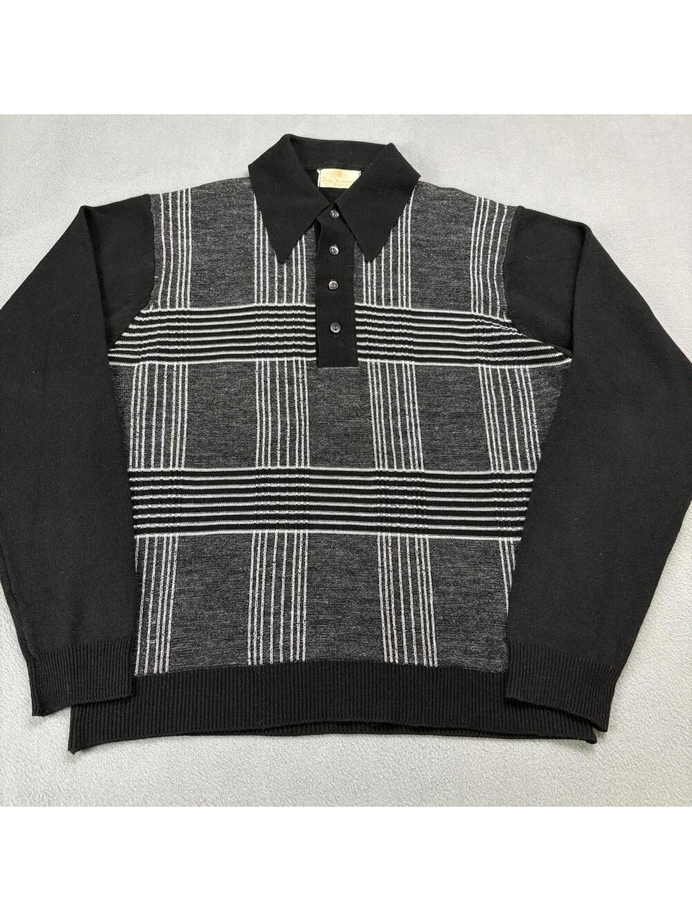 Vintage 60s 70s Fully Fashioned Patterned Knit Polo Shirt Size Medium Black Gray